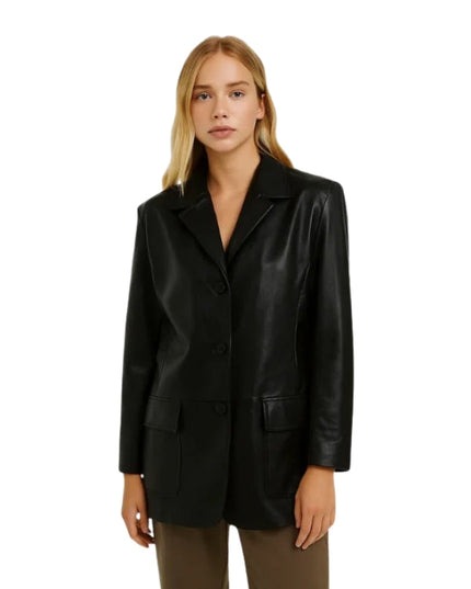 Woman wearing a black leather jacket on a white background