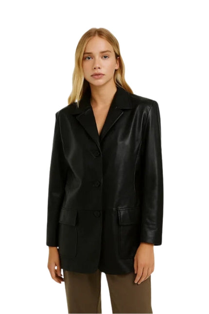 Woman wearing a black leather jacket on a white background