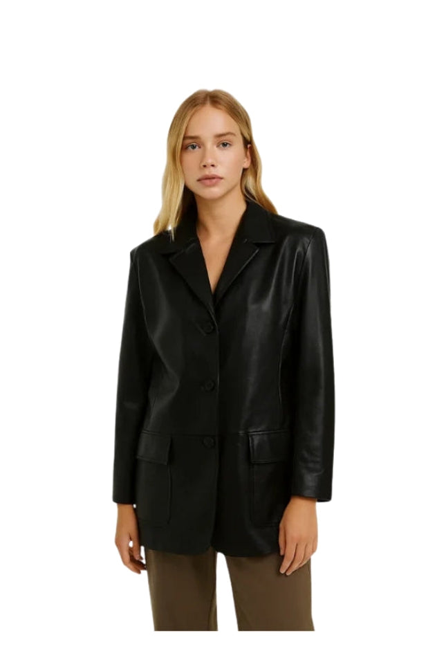 Woman wearing a black leather jacket on a white background