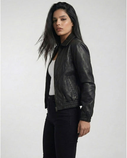 Woman wearing a black leather jacket on a white background