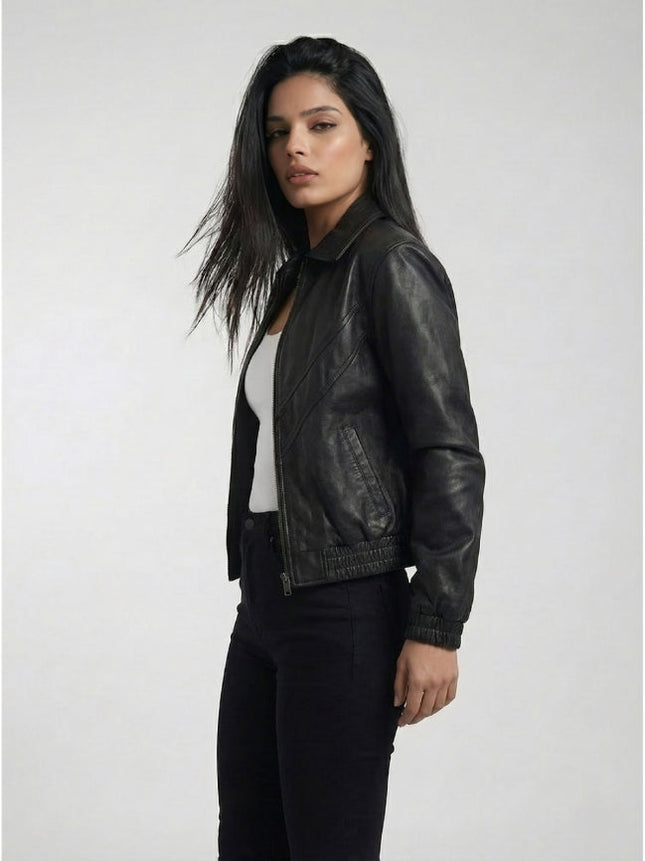 Woman wearing a black leather jacket on a white background