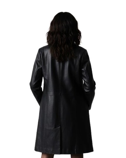 Person wearing a black leather coat on a white background