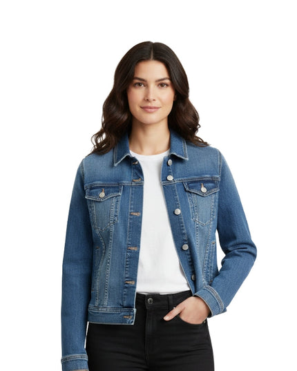 Woman wearing a blue denim jacket on a white background