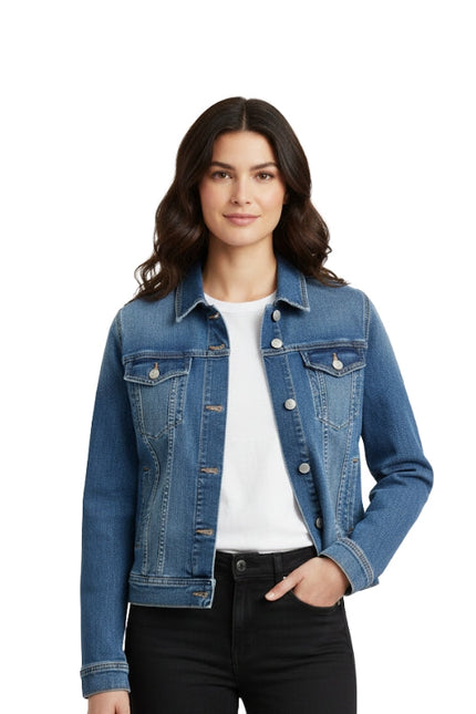 Woman wearing a blue denim jacket on a white background