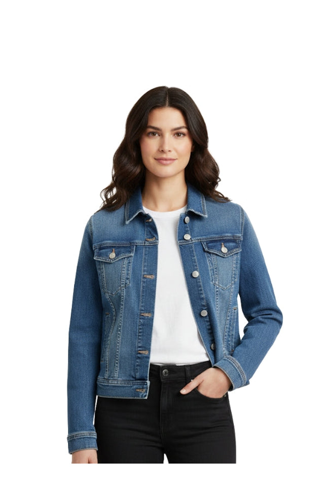 Woman wearing a blue denim jacket on a white background