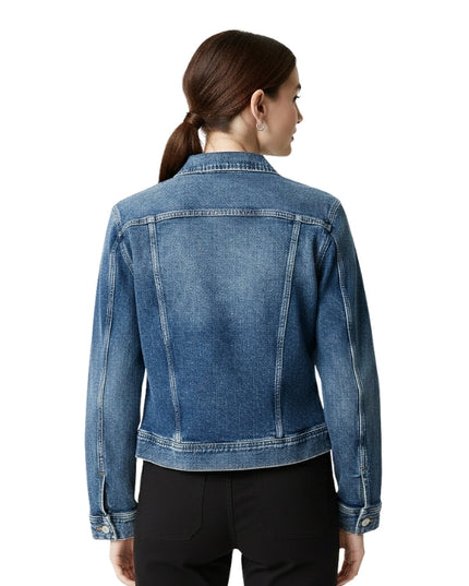 Woman wearing a blue denim jacket on a white background