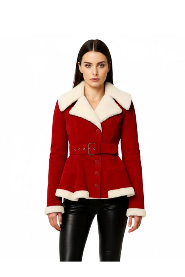 Women's White Shearling Belted Winter Red Suede Coat