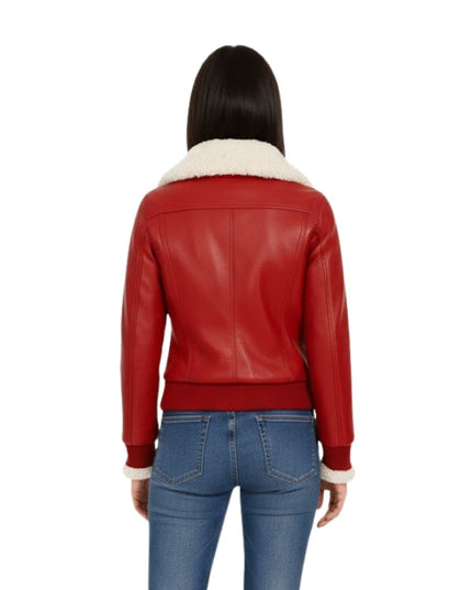 Women's Winter Red Shearling with Genuine Leather Bomber Jacket