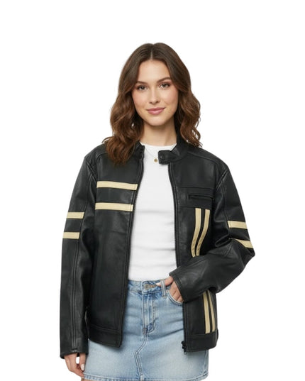 Woman wearing a black leather jacket with beige stripes on a white background