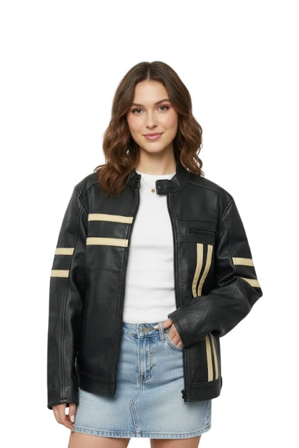 Woman wearing a black leather jacket with beige stripes on a white background