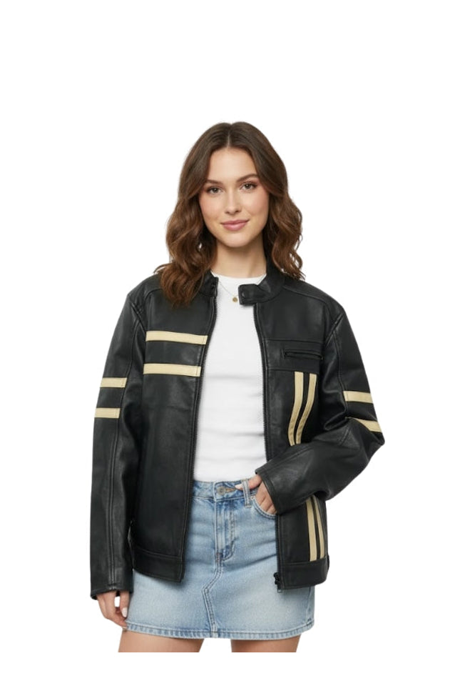 Woman wearing a black leather jacket with beige stripes on a white background