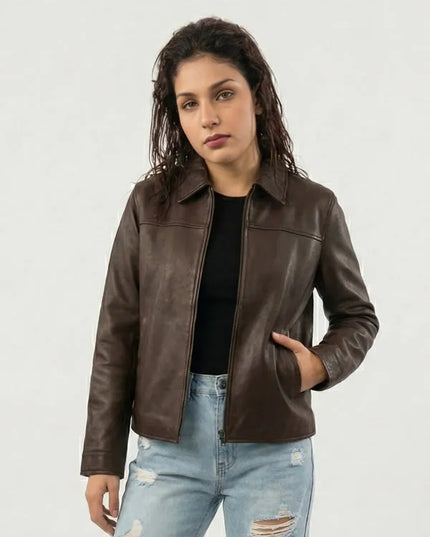 Women’s brown leather jacket made from genuine leather with a stylish and comfortable everyday fit