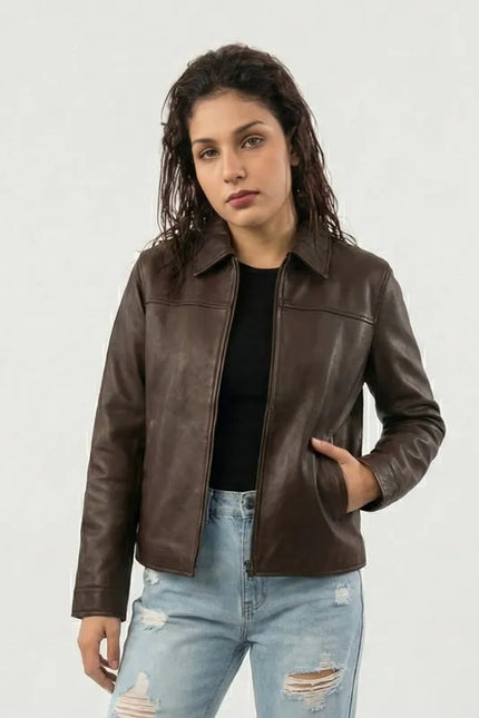 Women’s brown leather jacket made from genuine leather with a stylish and comfortable everyday fit