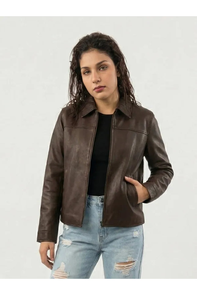 Women’s brown leather jacket made from genuine leather with a stylish and comfortable everyday fit