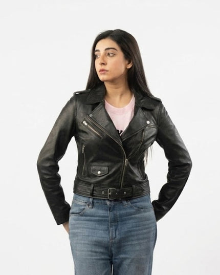 Women's Black Belted Biker Leather Jacket