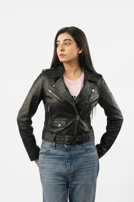 Women's Black Belted Biker Leather Jacket