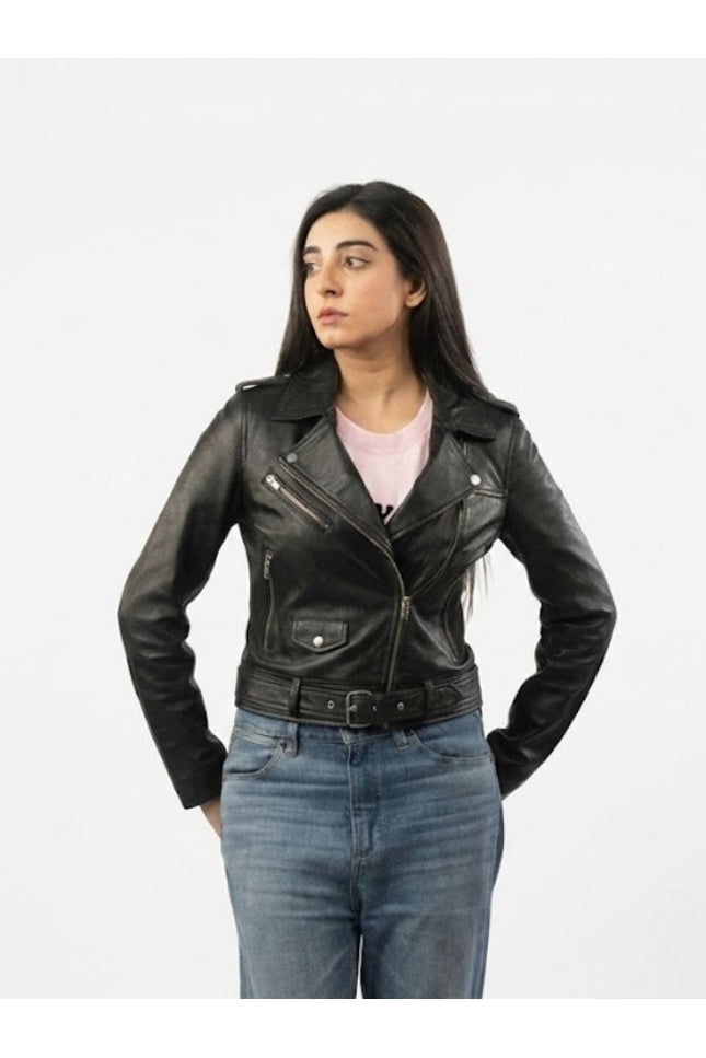 Women's Black Belted Biker Leather Jacket