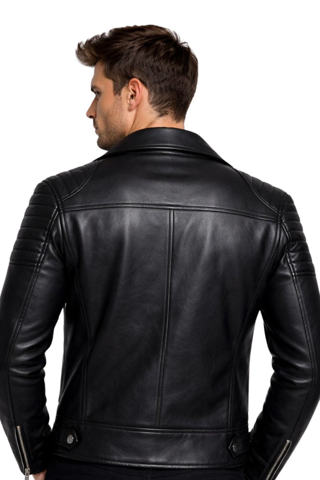 Man wearing a black leather jacket on a white background