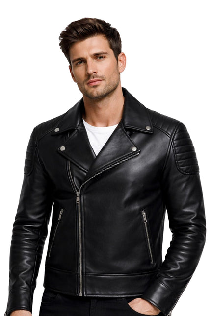 Man wearing a black leather jacket on a white background