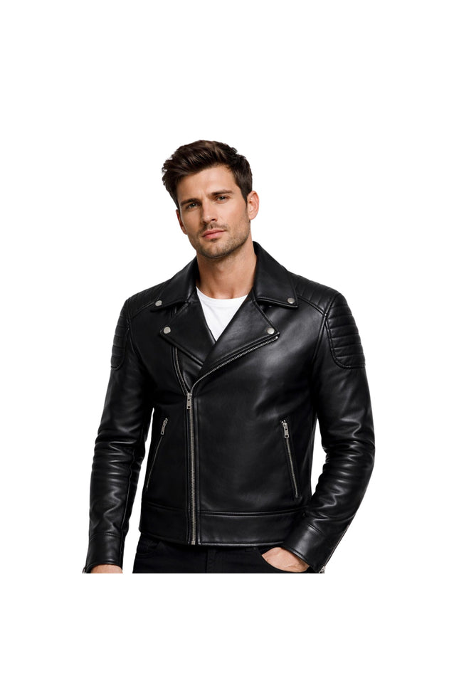 Man wearing a black leather jacket on a white background