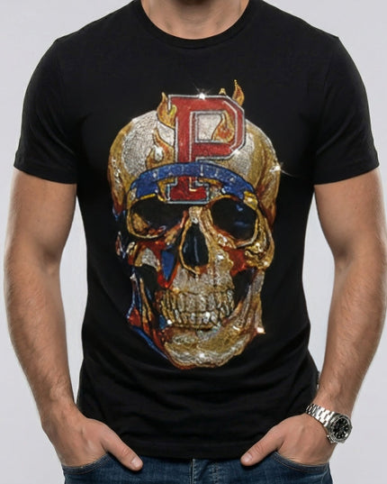 Black t-shirt with a colorful skull design and letter 'P' on a plain background