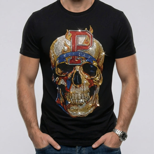 Black t-shirt with a colorful skull design and letter 'P' on a plain background