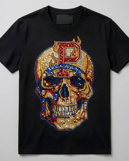 Black t-shirt with a colorful skull design and letter 'P' on a gray background
