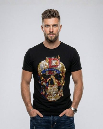 Man wearing a black t-shirt with a colorful skull design and letter 'P' on a plain background