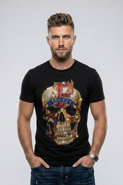 Man wearing a black t-shirt with a colorful skull design and letter 'P' on a plain background