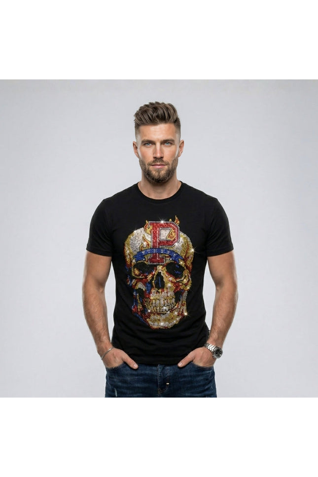 Man wearing a black t-shirt with a colorful skull design and letter 'P' on a plain background