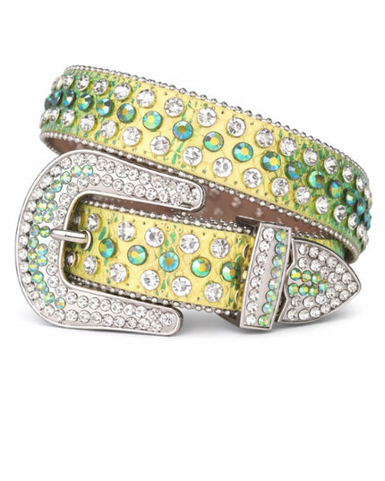 Decorative belt with colorful gemstones and a large buckle on a white background