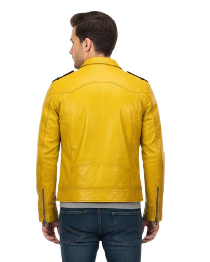 Yellow leather jacket worn by a person on a white background
