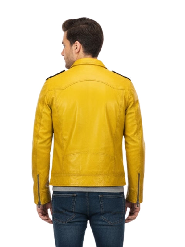 Yellow leather jacket worn by a person on a white background