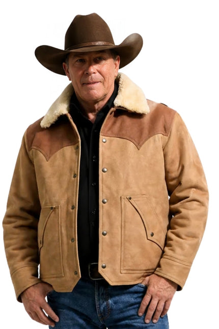 Man wearing a brown suede jacket with a fur-lined collar and a cowboy hat on a white background