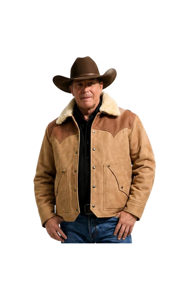 Man wearing a brown suede jacket with a fur-lined collar and a cowboy hat on a white background