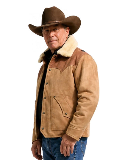 Man wearing a brown leather jacket with fur lining and a cowboy hat on a white background