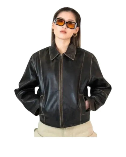 brown boxy leather jacket
