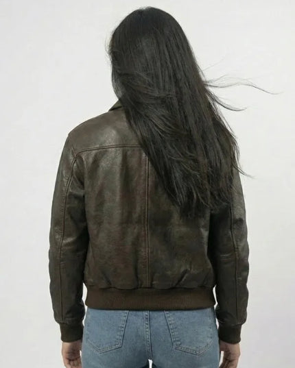 distressed leather jacket with vintage finish and oversized casual look