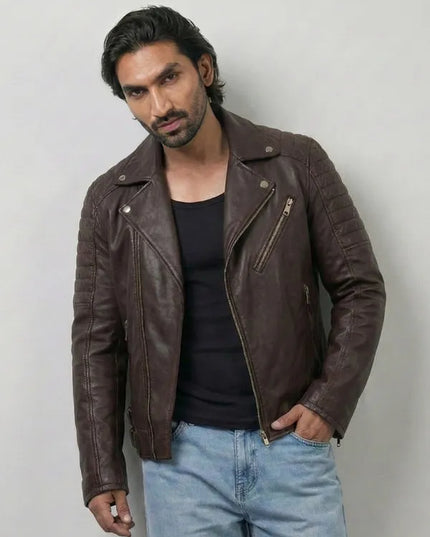 mens brown biker leather jacket with classic vintage motorcycle style
