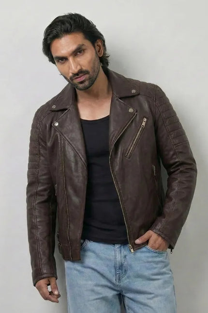 mens brown biker leather jacket with classic vintage motorcycle style