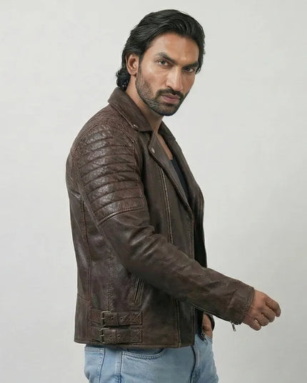 mens street style brown biker jacket with modern urban fit