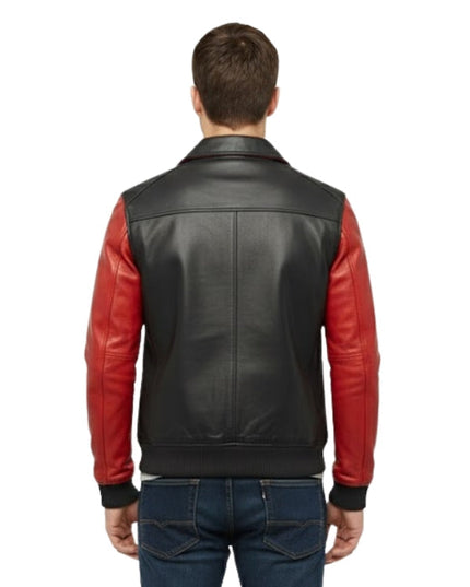 Man wearing a black leather vest with red sleeves on a white background