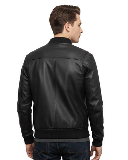 Man wearing a black leather jacket on a white background