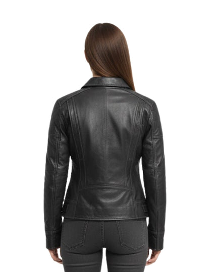 Black leather jacket worn by a person on a white background