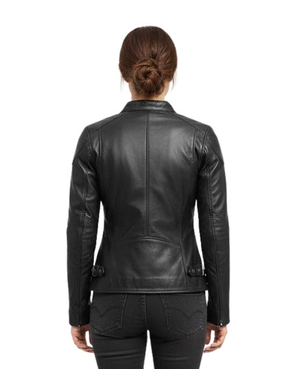 Black leather jacket worn by a person on a white background