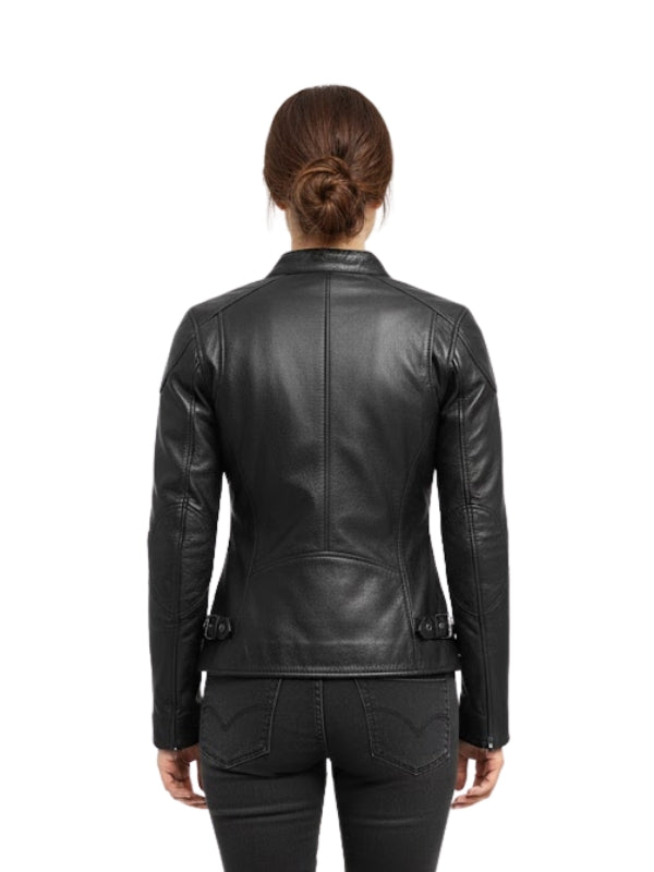 Black leather jacket worn by a person on a white background