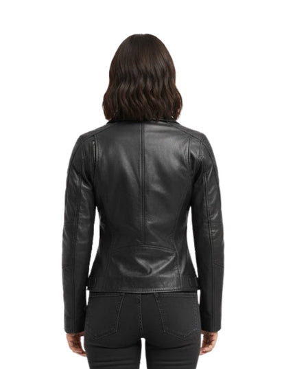 Black leather jacket worn by a person on a white background