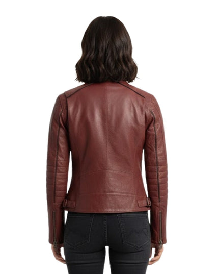 Brown leather jacket worn by a person on a white background
