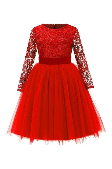 Girls Long Sleeves Top Tulle Wedding Party Dress