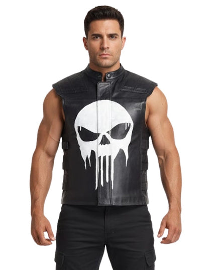 Man wearing a black sleeveless jacket with a white skull design on a white background